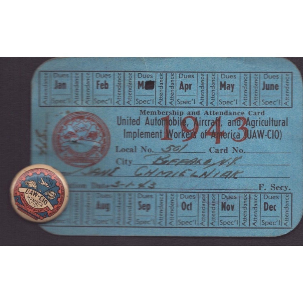1943 UAW-CIO Membership Card Pin Jane Chmielniak Local 561 Buffalo NY Union - Picture 1 of 2